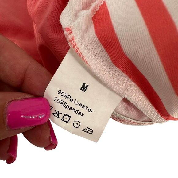 One Piece Swimsuit Cut Out Pink White Stripe V Neck Size M Preppy Swim Beach - Picture 7 of 8